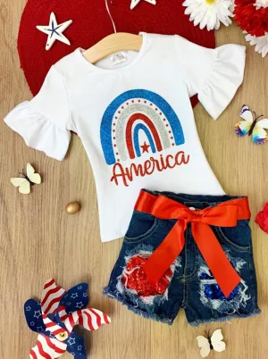 American Rainbow Sequin Denim Shorts Set