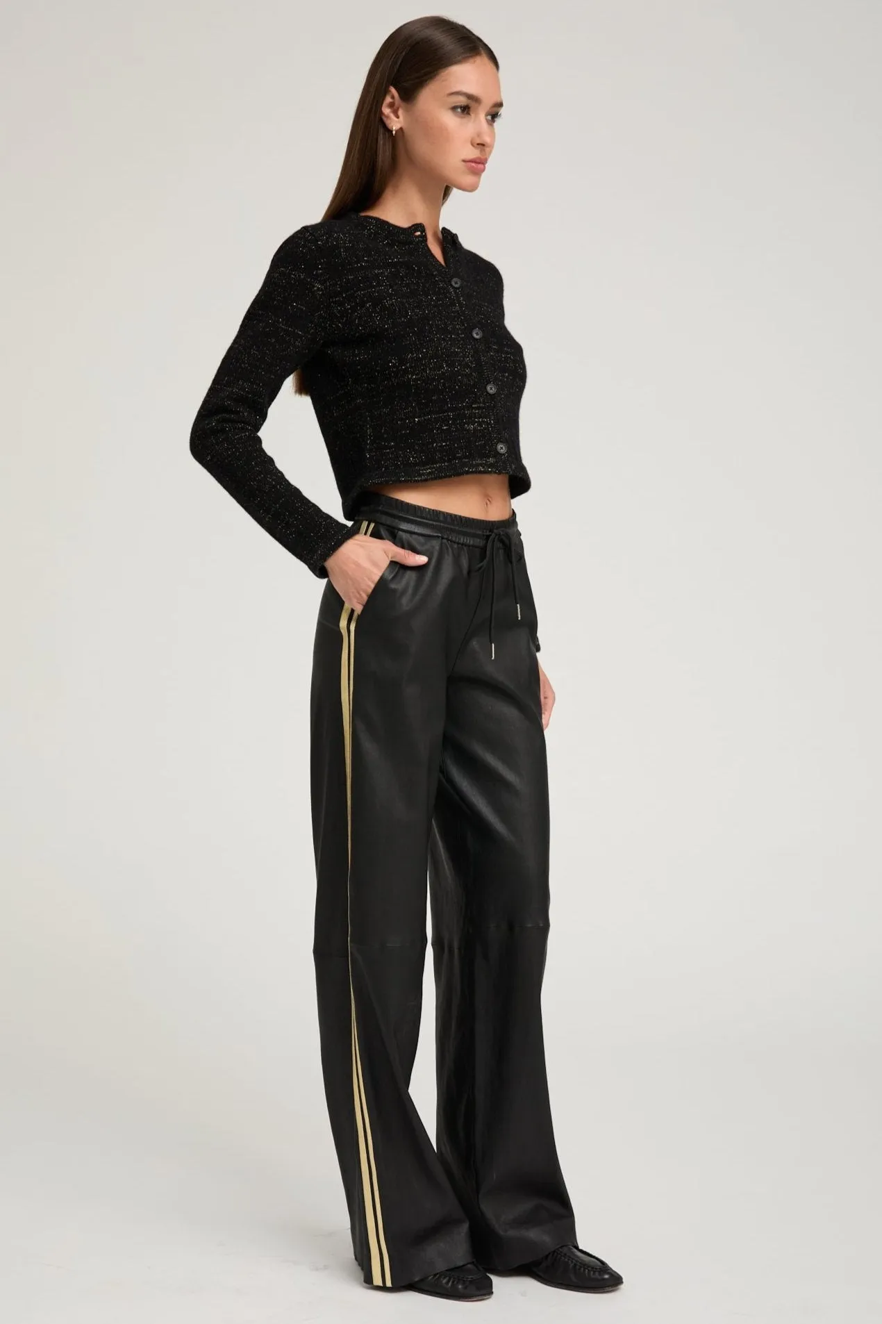 Black & Gold Leather Baggy Athletic Pants