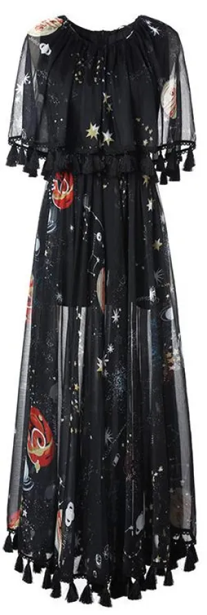 Black Tassel-Trimmed Printed Maxi Dress