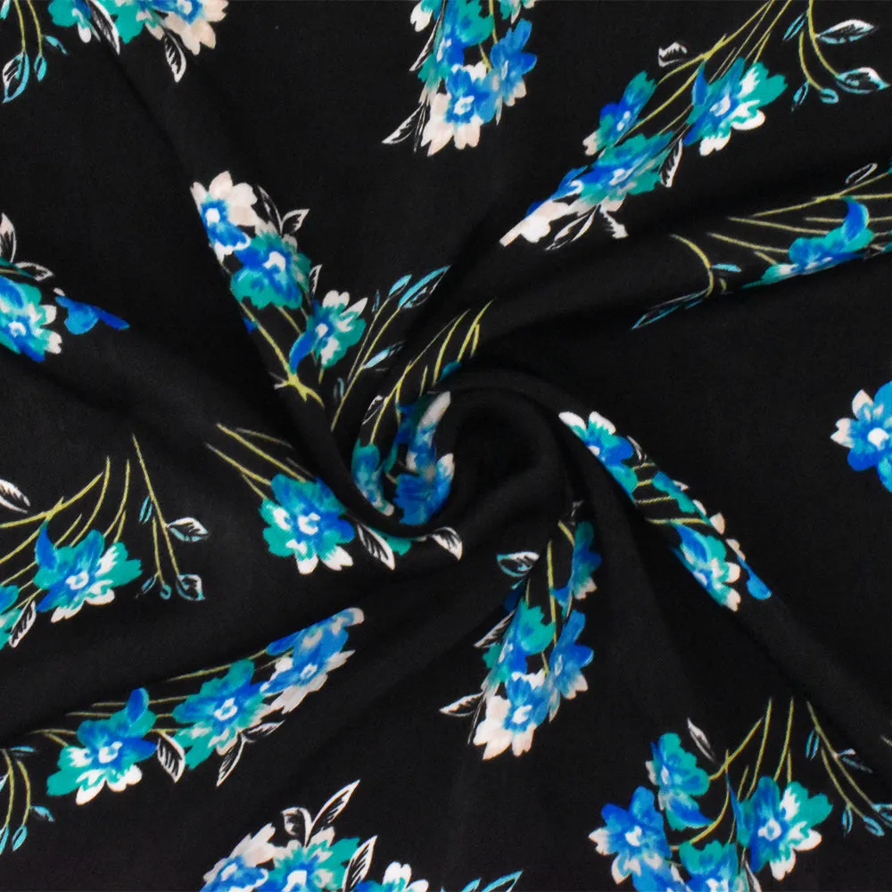 Black-Teal-Multi Floral Printed Poly Twill Satin Woven Fabric