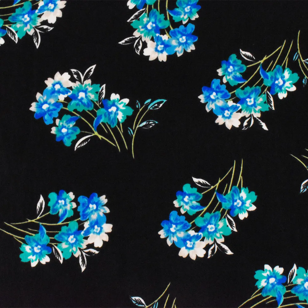 Black-Teal-Multi Floral Printed Poly Twill Satin Woven Fabric