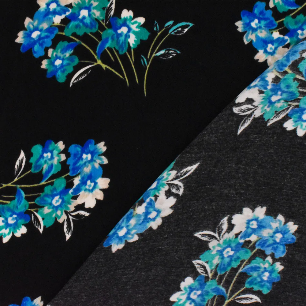 Black-Teal-Multi Floral Printed Poly Twill Satin Woven Fabric