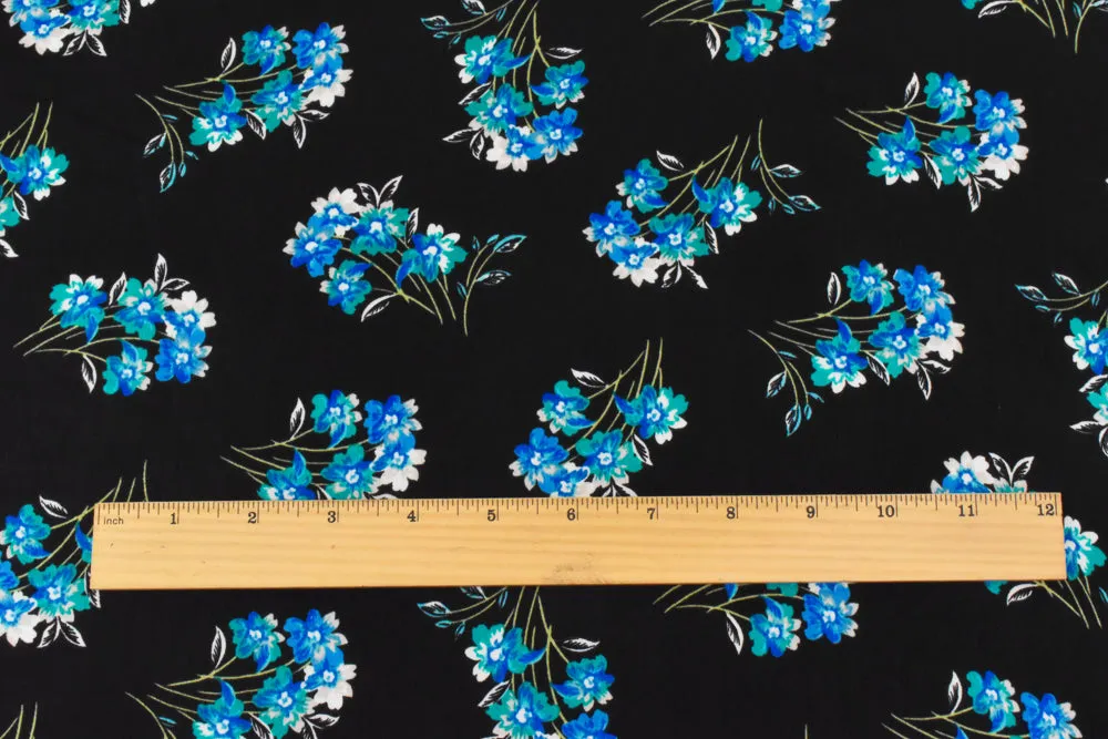 Black-Teal-Multi Floral Printed Poly Twill Satin Woven Fabric