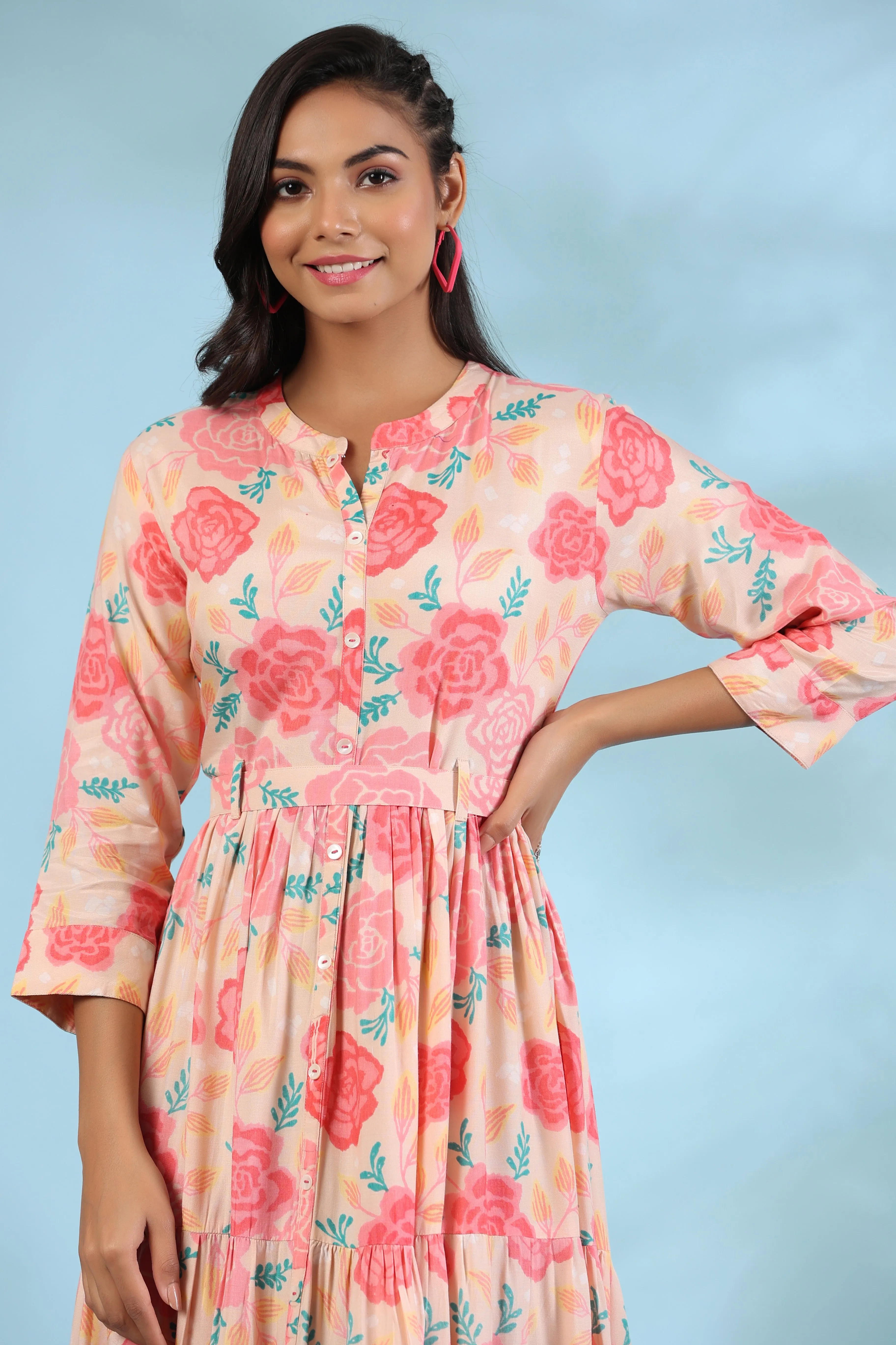 Bloomed Roses On Peach Silk Maxi Dress