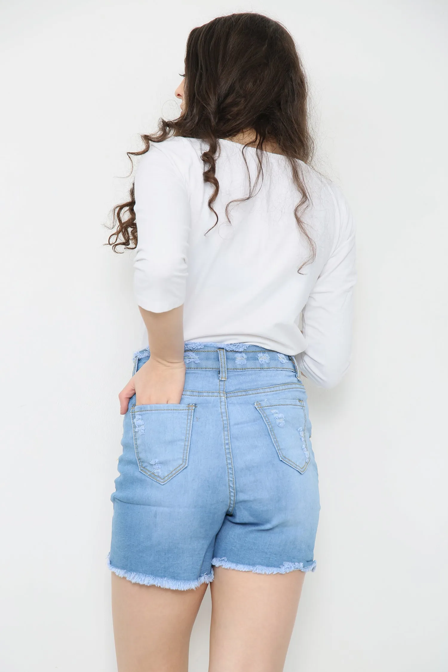 Blue Distressed High Waisted Denim Shorts