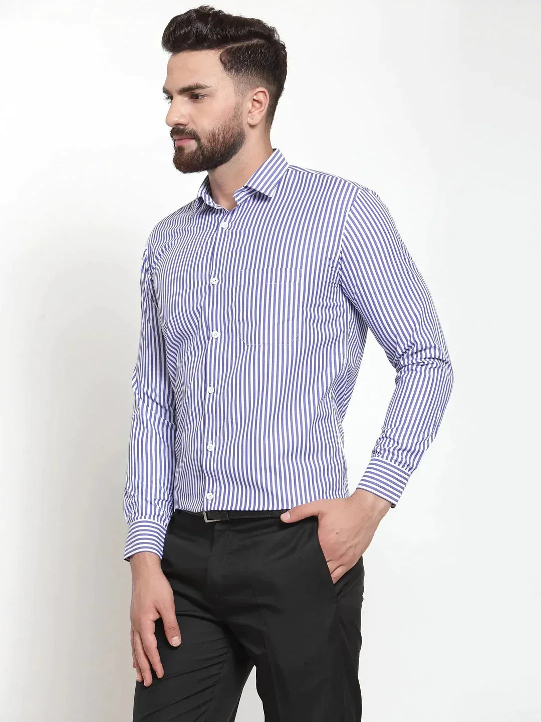 Blue Men's Cotton Striped Formal Shirts