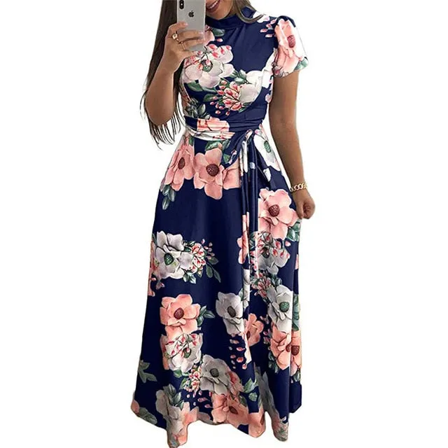 Boho Floral Print Casual Short Sleeve Long Maxi Dress