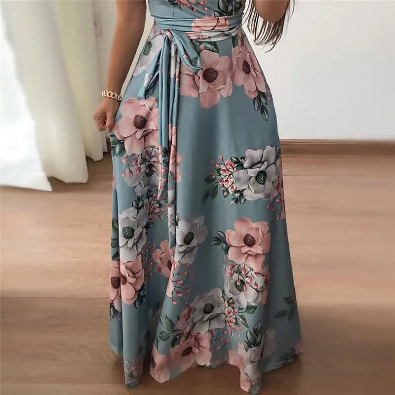 Boho Floral Print Casual Short Sleeve Long Maxi Dress