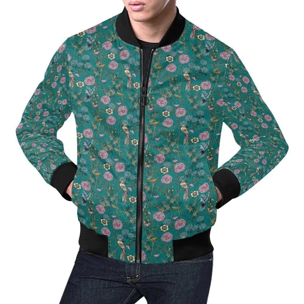 Bomber Jacket Men, Teal Jacket Men, Floral Bomber Jacket, Hippie Jacket, 70s inspired Jacket, Retro Bomber Jacket, Blue Bomber Jacket Men