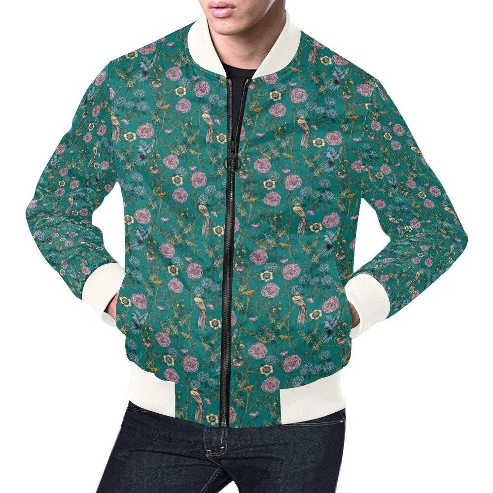 Bomber Jacket Men, Teal Jacket Men, Floral Bomber Jacket, Hippie Jacket, 70s inspired Jacket, Retro Bomber Jacket, Blue Bomber Jacket Men