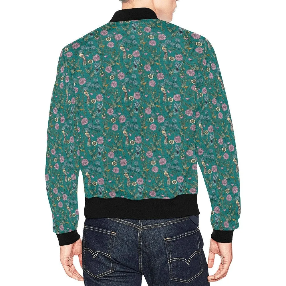 Bomber Jacket Men, Teal Jacket Men, Floral Bomber Jacket, Hippie Jacket, 70s inspired Jacket, Retro Bomber Jacket, Blue Bomber Jacket Men