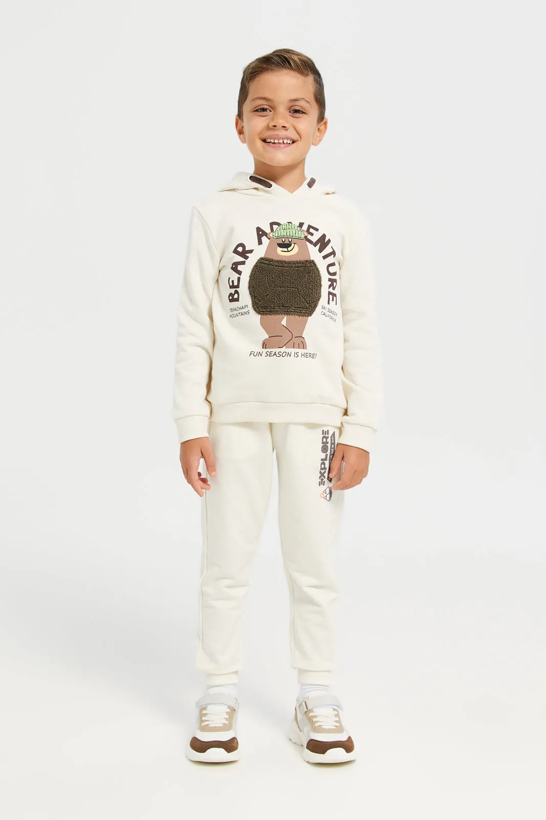 Boys Beige Stretch Printed Track Pants