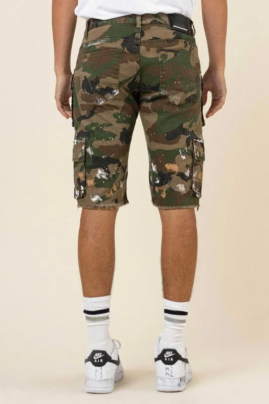 Camo Hand Painted Multi Cargo Black Denim Shorts