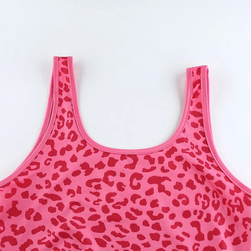 Casual Leopard Print Cute Crop Tops Slim Sexy Workout Outfits Tank Top