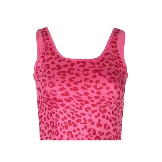 Casual Leopard Print Cute Crop Tops Slim Sexy Workout Outfits Tank Top