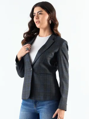 Classic Blue Poly Viscose Notched Collar Checkered Blazer