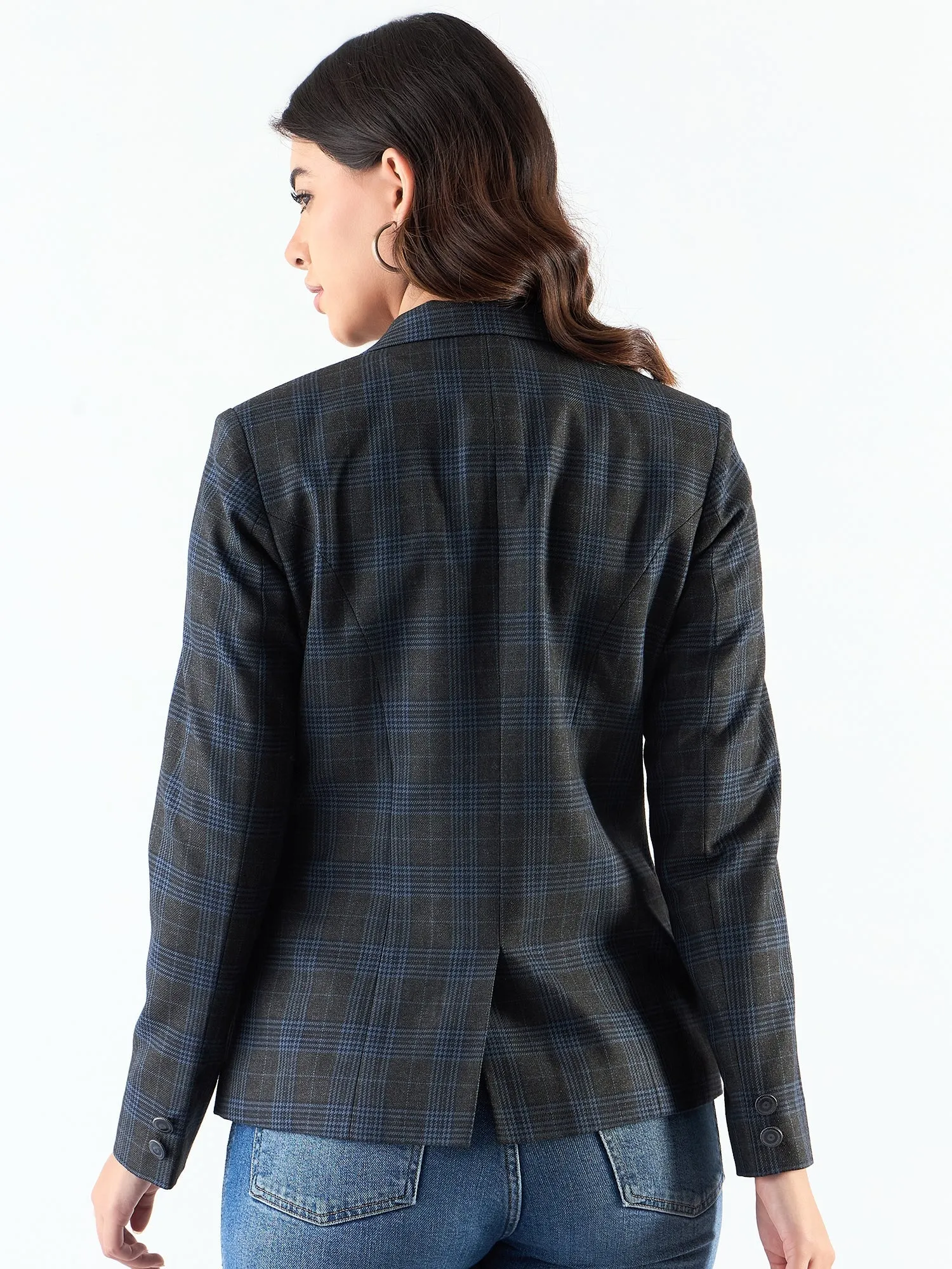 Classic Blue Poly Viscose Notched Collar Checkered Blazer