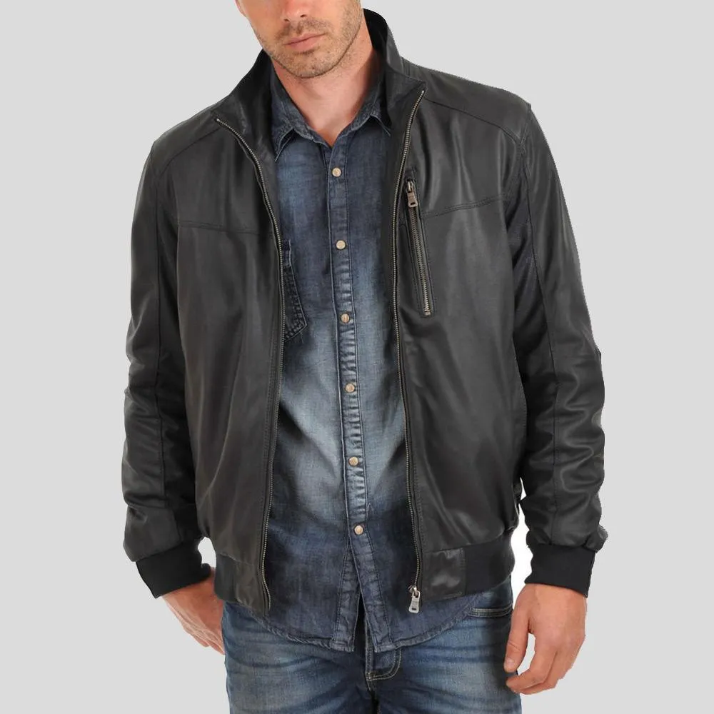 Cole Black Bomber Leather Jacket for Men