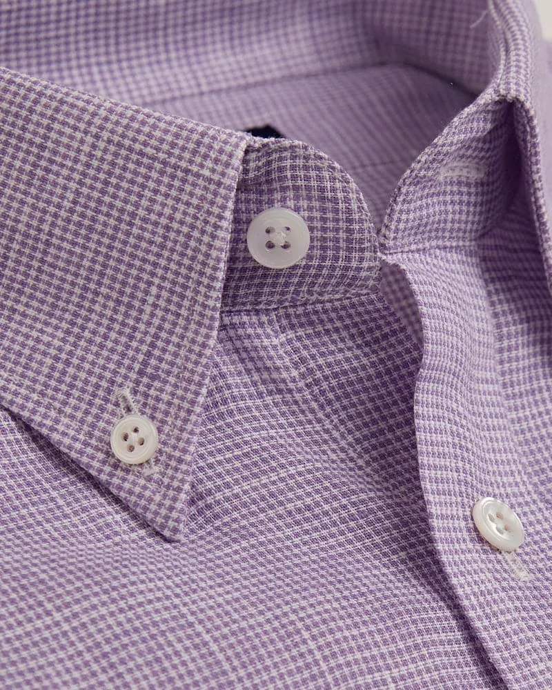 Contemporary Fit, Button Down Collar, 2 Button Cuff Shirt in Plain Lilac Houndstooth Linen