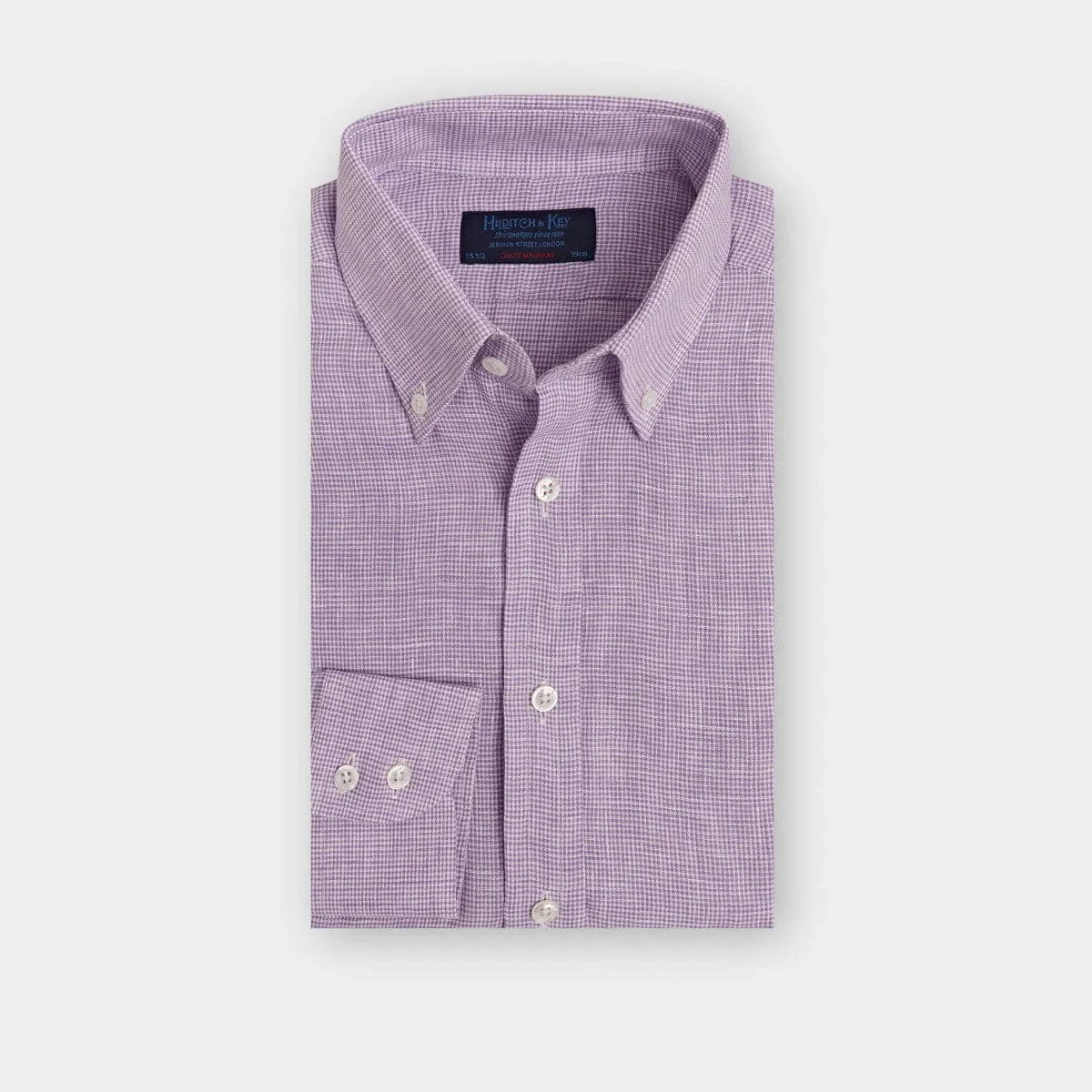 Contemporary Fit, Button Down Collar, 2 Button Cuff Shirt in Plain Lilac Houndstooth Linen