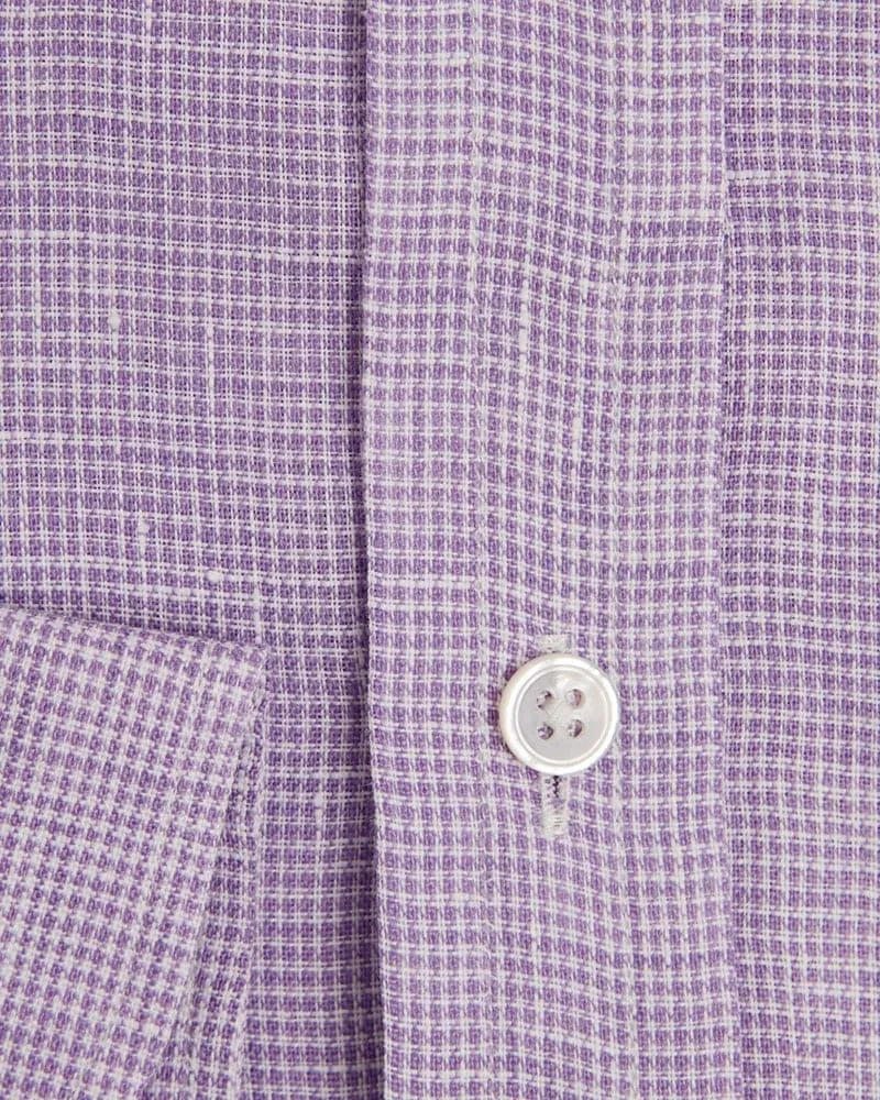 Contemporary Fit, Button Down Collar, 2 Button Cuff Shirt in Plain Lilac Houndstooth Linen