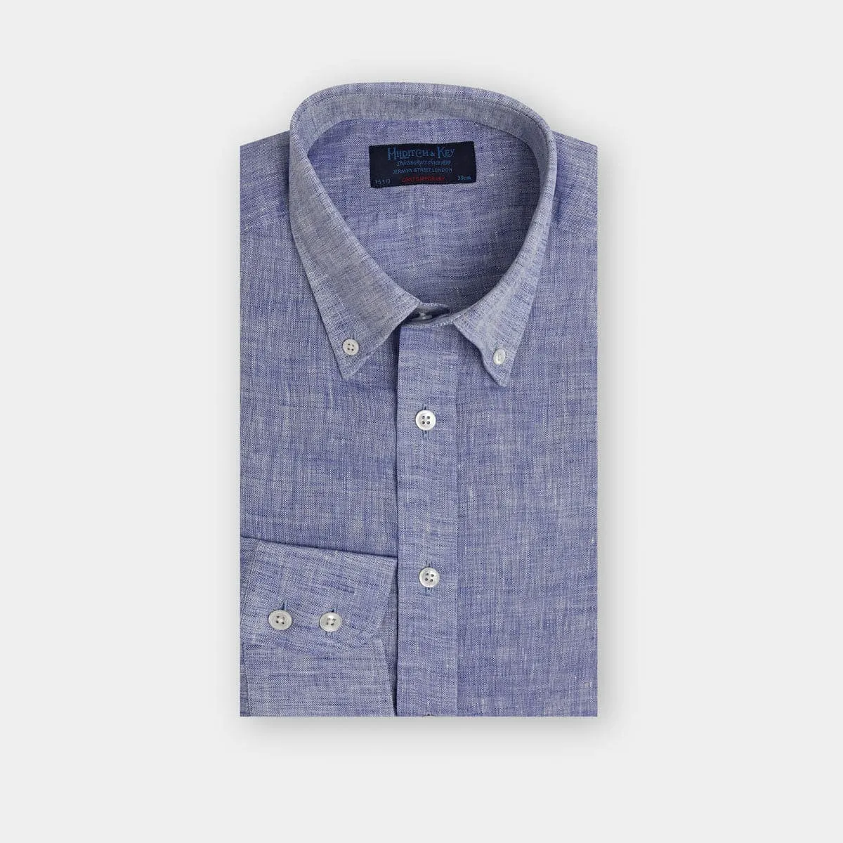 Contemporary Fit, Button Down Collar, 2 Button Cuff Shirt in Plain Navy Linen