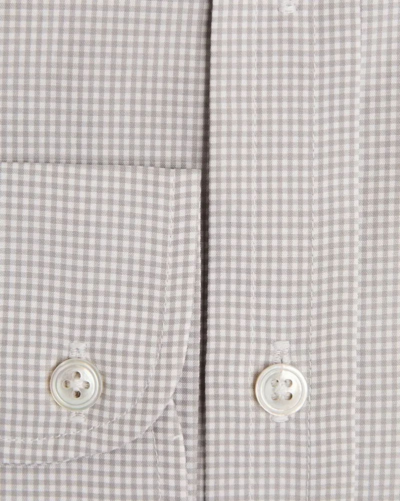 Contemporary Fit, Classic Collar, 2 Button Cuff Shirt in a Grey & White Small Check Twill Cotton