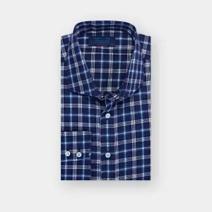 Contemporary Fit, Cut-away Collar, 2 Button Cuff Shirt in a Navy Check Brushed Cotton