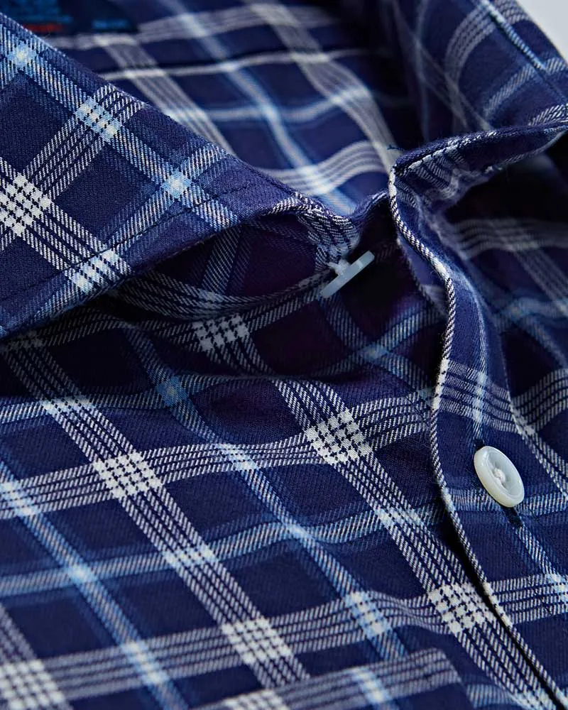 Contemporary Fit, Cut-away Collar, 2 Button Cuff Shirt in a Navy Check Brushed Cotton