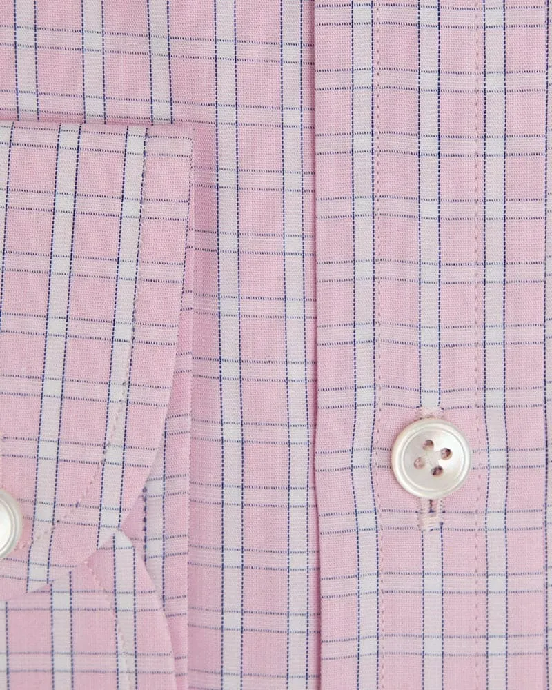 Contemporary Fit, Cut-away Collar, 2 Button Cuff Shirt in a Pink & White Check Poplin Cotton