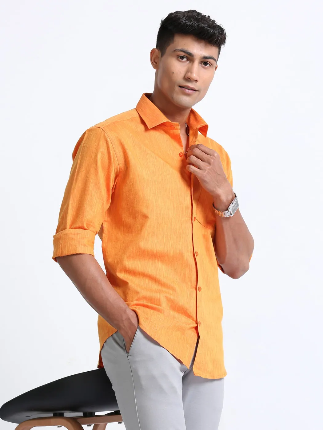 Cotton Linen Orange Colour Shirt Full Sleeve