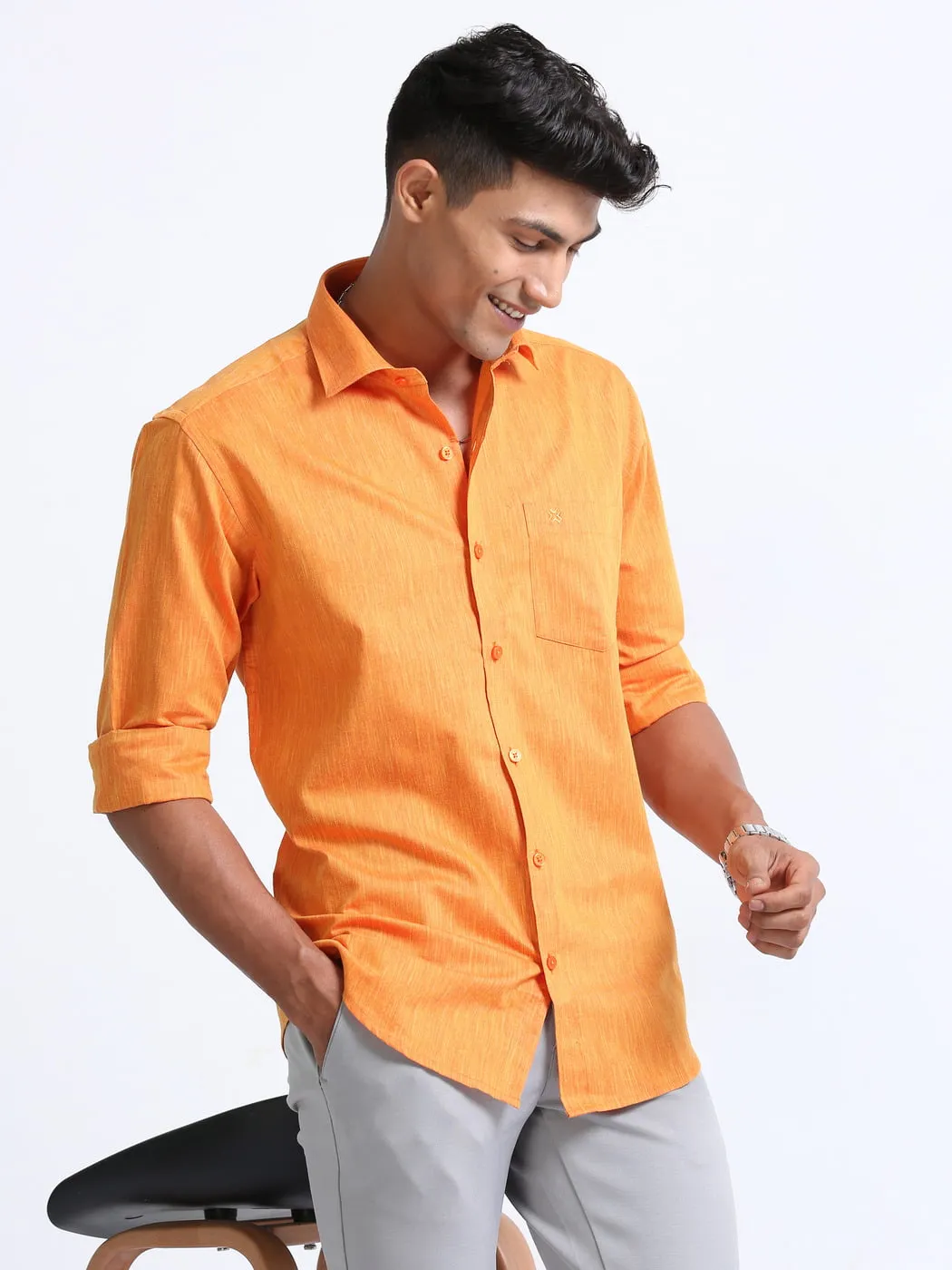 Cotton Linen Orange Colour Shirt Full Sleeve