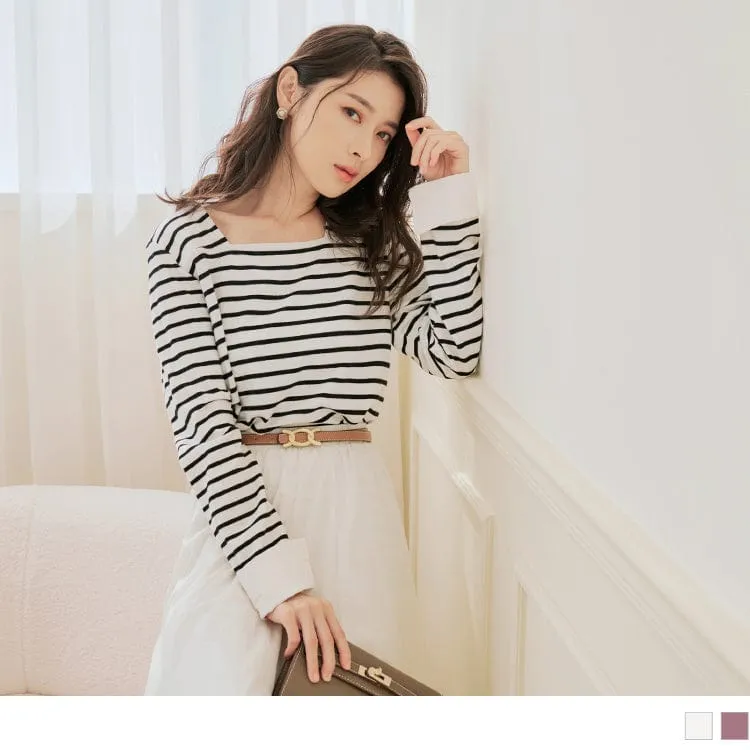 COTTON PATCHED STRIPED SQUARE NECK LONG SLEEVE TOPS