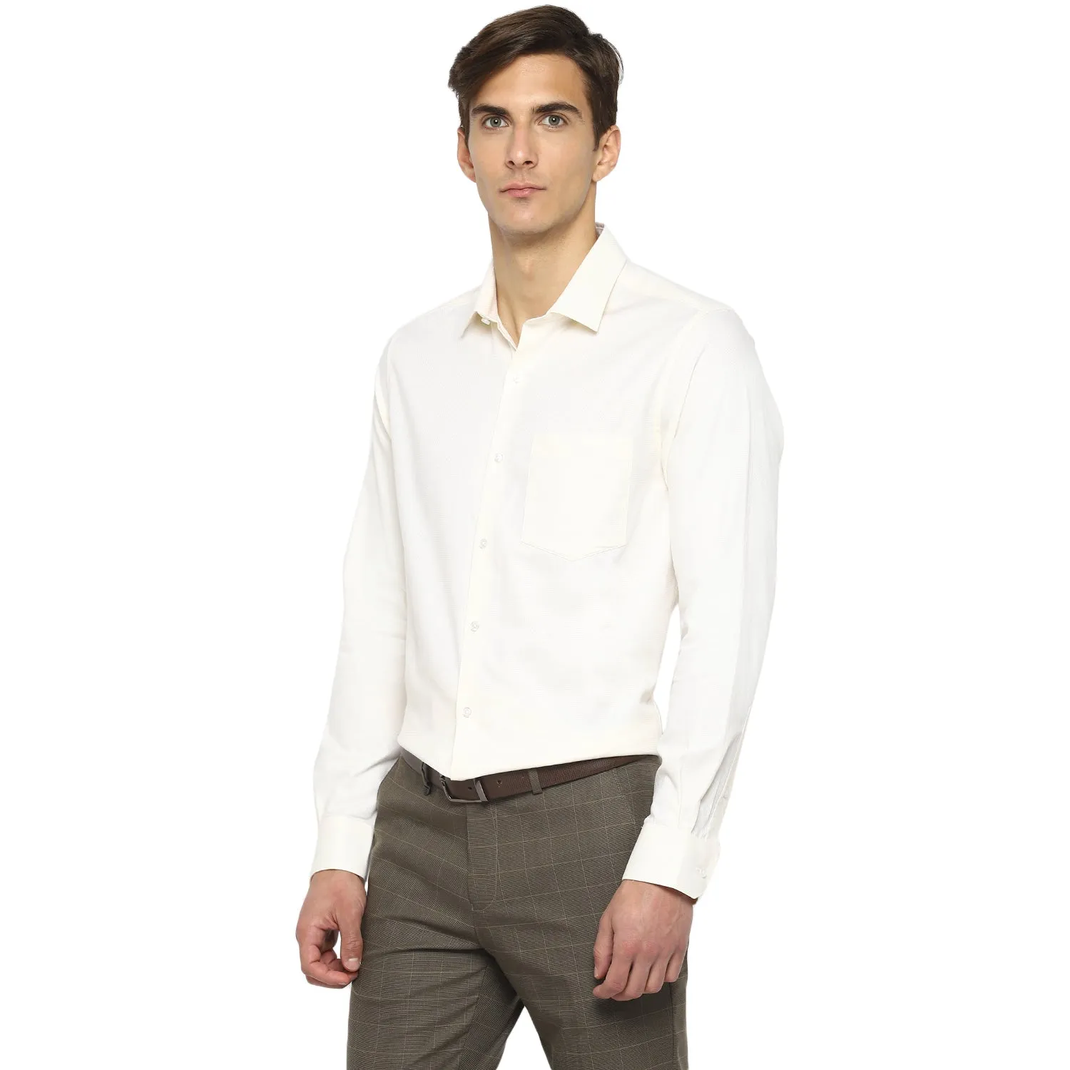 Cream Cotton Self Design Slim Fit Shirts