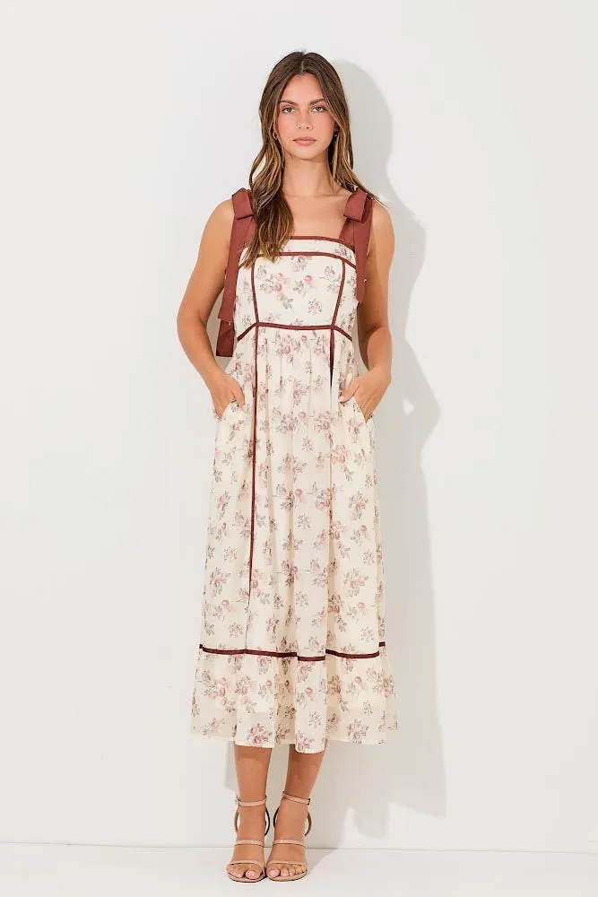 Cream/Burgundy Floral Midi Dress