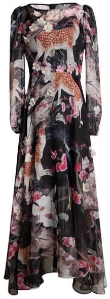 Deer and Floral Print Maxi Dress with Appliques - Black or Pink