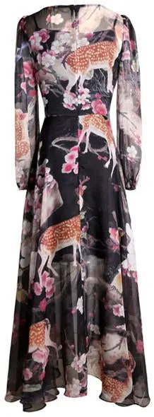 Deer and Floral Print Maxi Dress with Appliques - Black or Pink