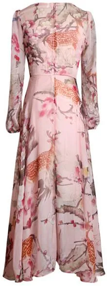 Deer and Floral Print Maxi Dress with Appliques - Black or Pink