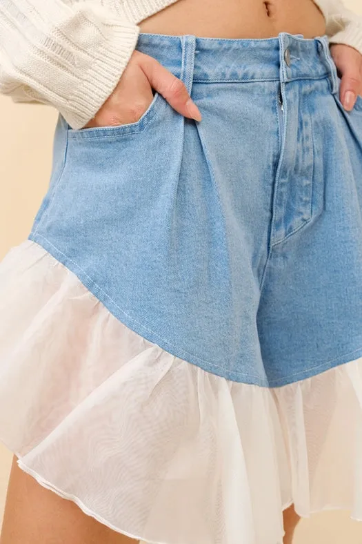 Denim Ruffle Contrast Shorts