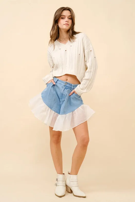 Denim Ruffle Contrast Shorts