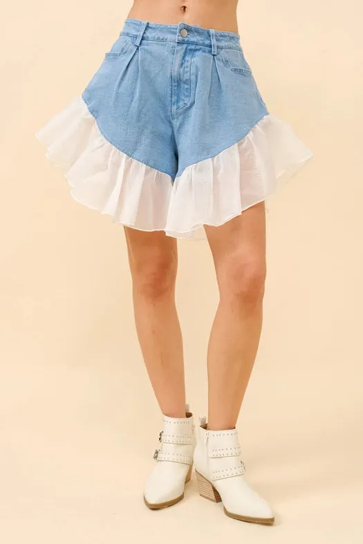 Denim Ruffle Contrast Shorts