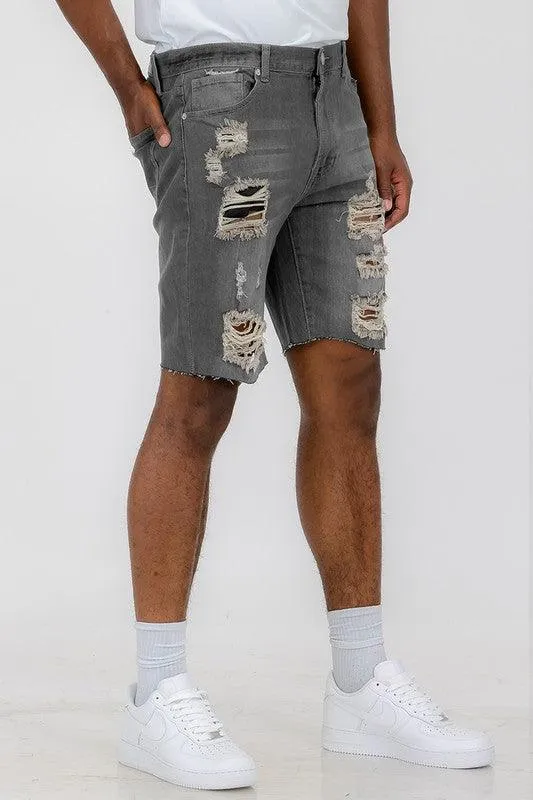 Distressed Stretch Denim Shorts For Men