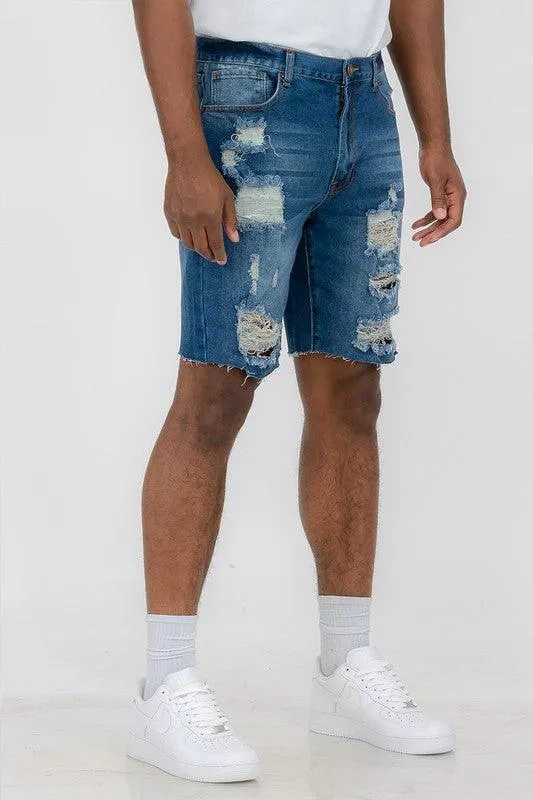 Distressed Stretch Denim Shorts For Men