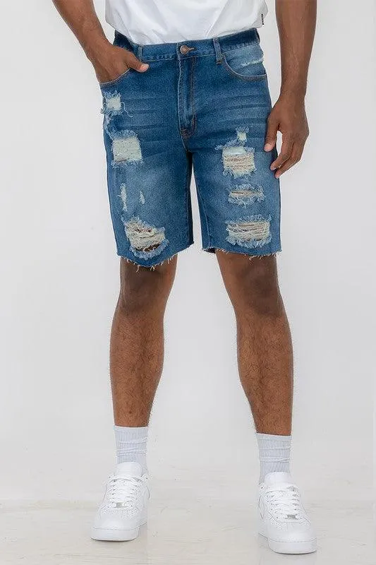 Distressed Stretch Denim Shorts For Men