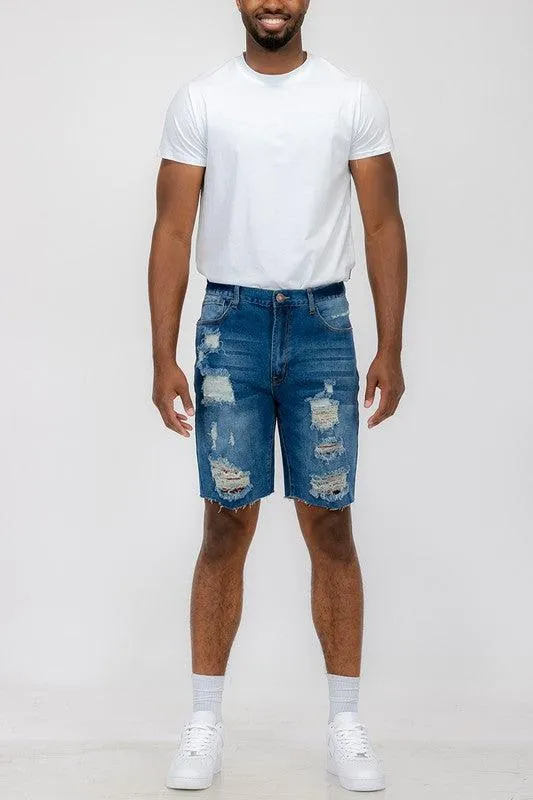 Distressed Stretch Denim Shorts For Men