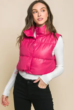 Faux Leather puffer West With Snap Button