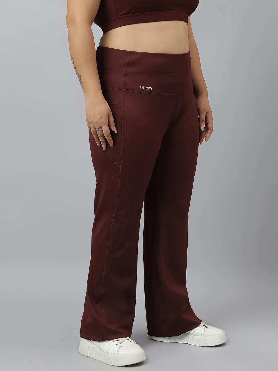 Fitkin Plus Size Active Track Gym Bootcut Flare Brown Pants