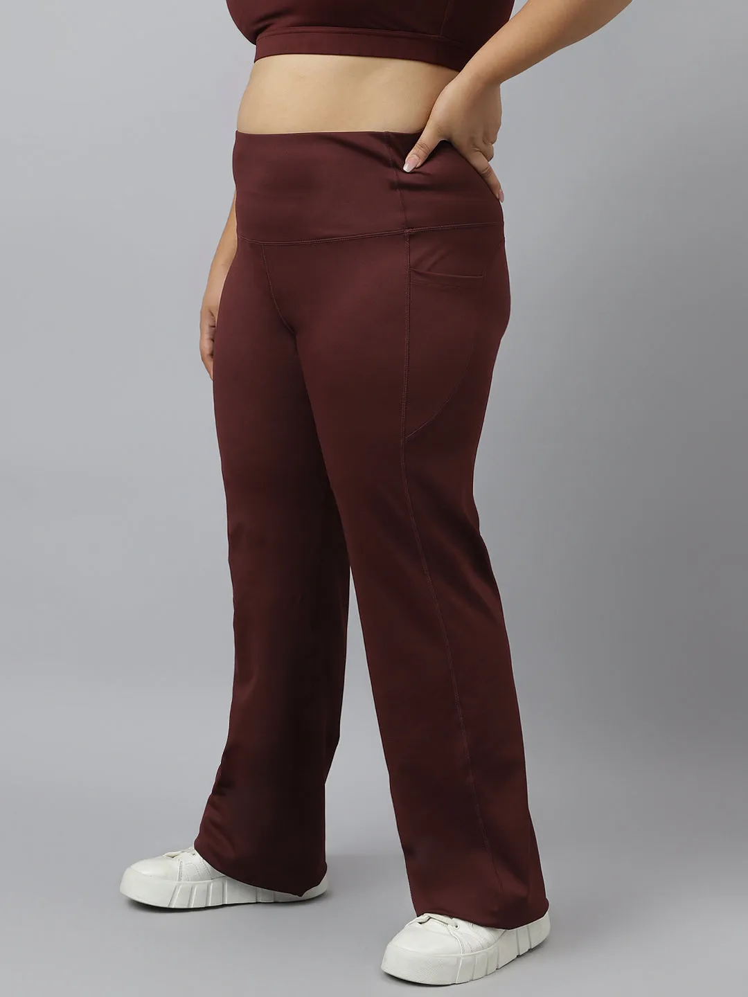 Fitkin Plus Size Active Track Gym Bootcut Flare Brown Pants