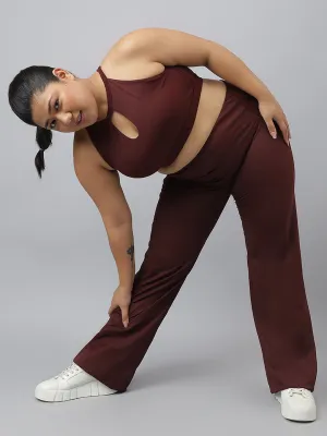 Fitkin Plus Size Active Track Gym Bootcut Flare Brown Pants