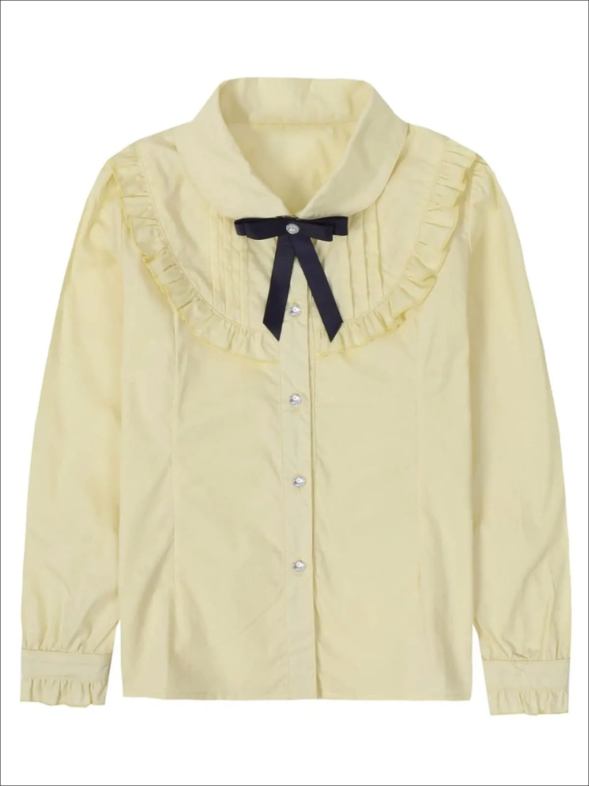 Girls Preppy Ruffle Trim Bow Collar Long Sleeve Blouse